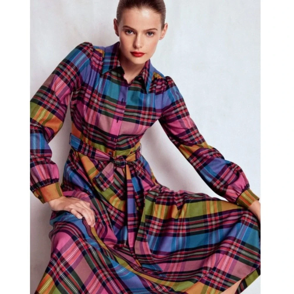 Boden Vivienne Bold Check Button Up Maxi Dress Belted Long Sleeve | Size 8 - Picture 12 of 13